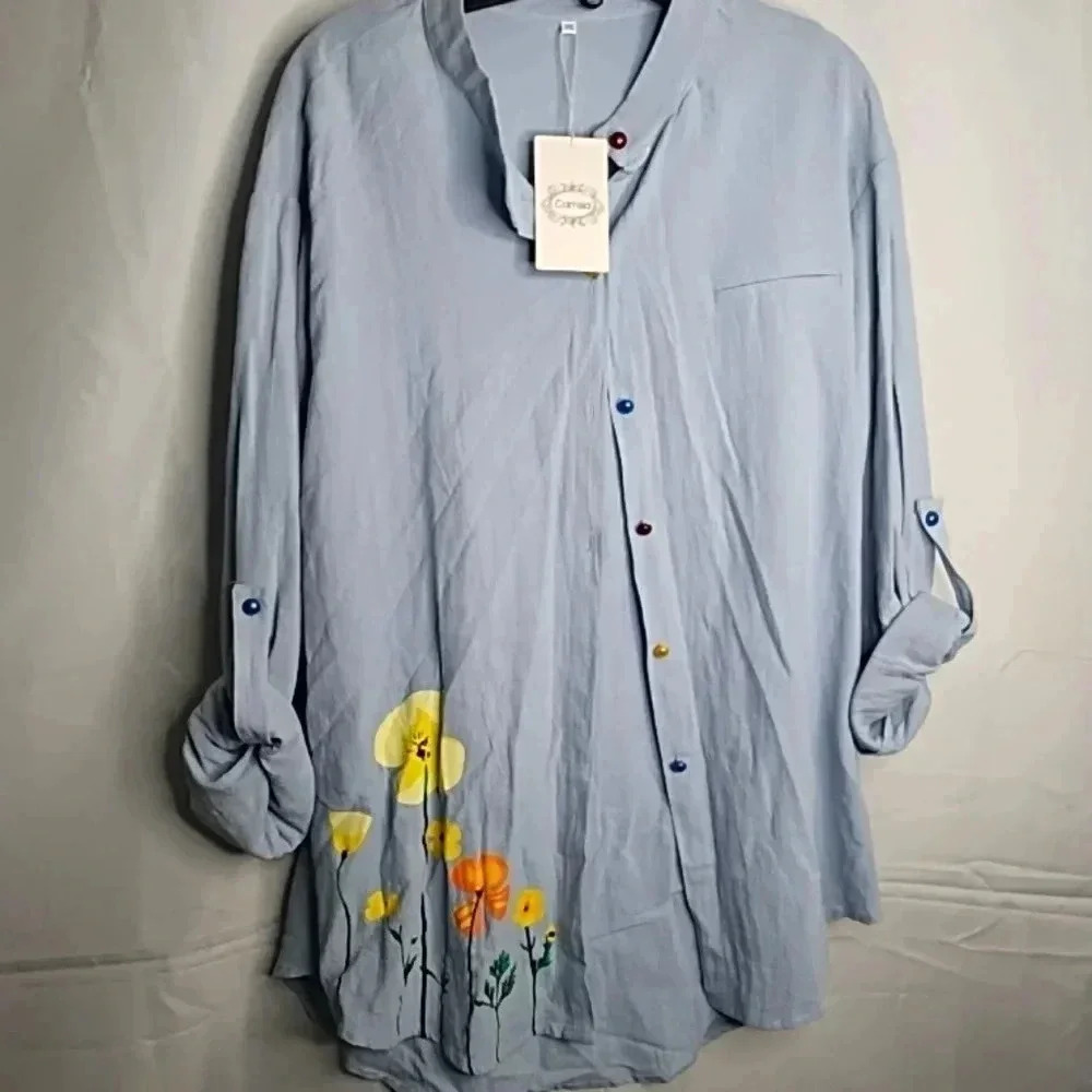 Camisa Blue Blouse Roll Up Sleeve Pearl Buttons Floral Details Sz 2XL